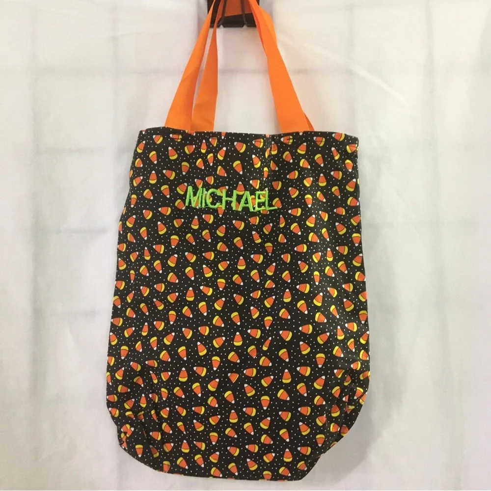 Handmade Halloween Treat Tote Bag Candy Corn Black & White Polka Dots